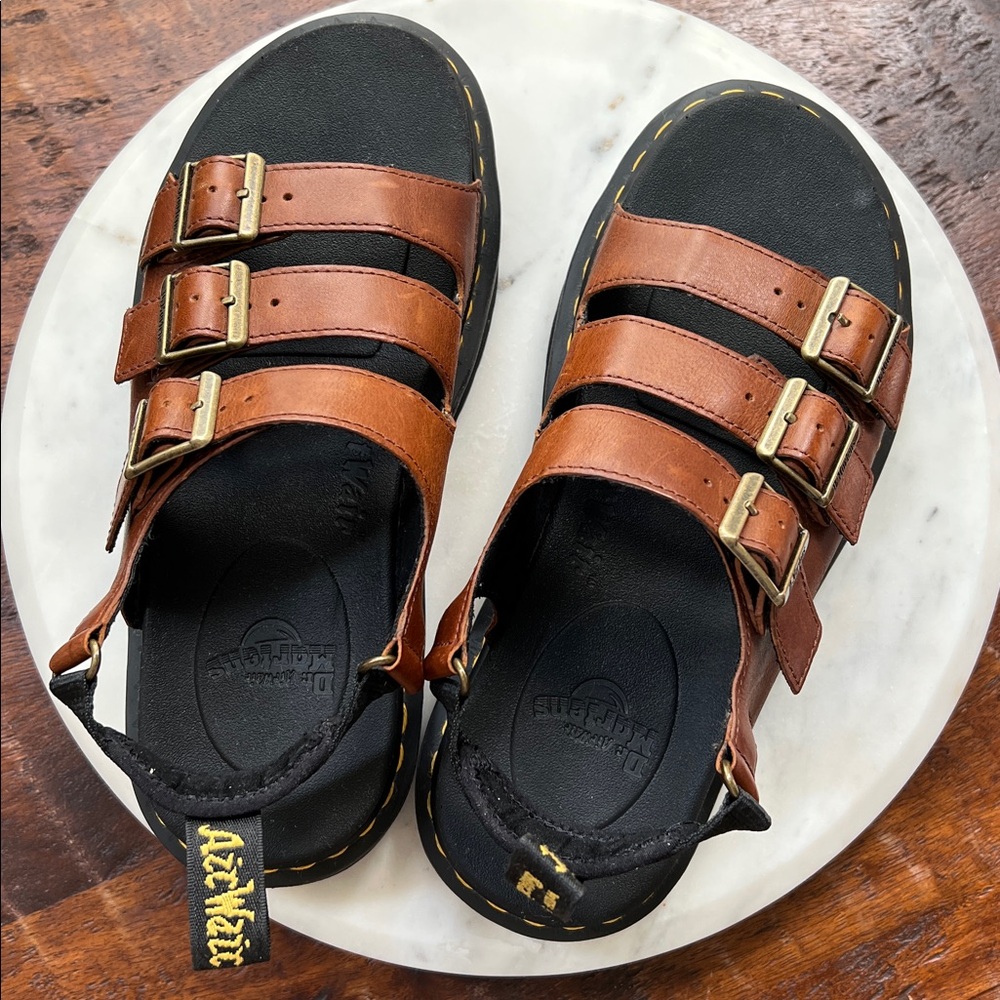 DR. MARTENS Soloman Luxor Leather 3-Strap Front Buckle Sandals Brown/Tan - Picture 6 of 11